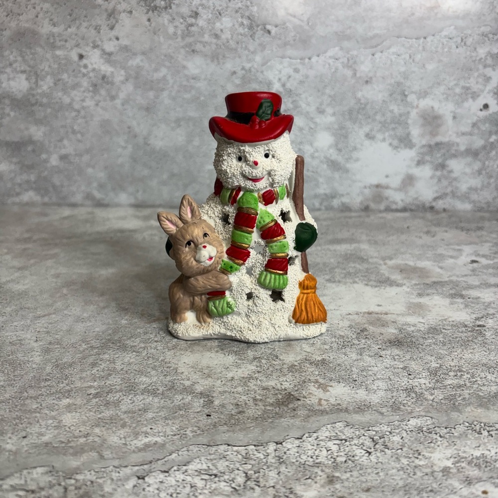 Festive Snowman and Bunny Figurine for tea light - Red and Green